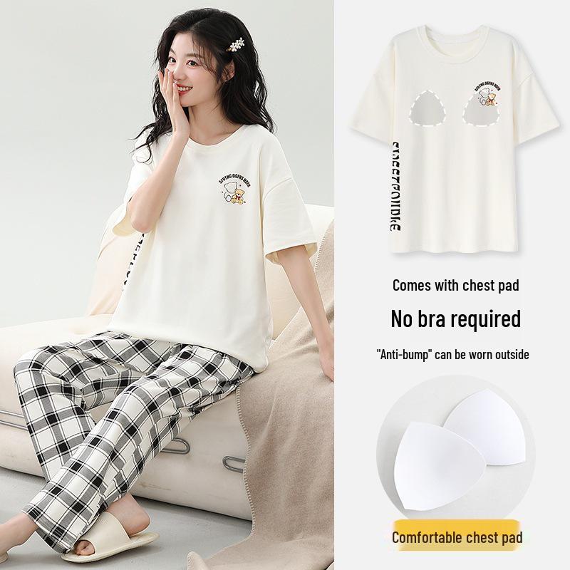 Damski kreskówkowy komplet piżamy z krótkim rękawem i wkładkami na biust - Letni bawełniany długi komplet domowy 2025