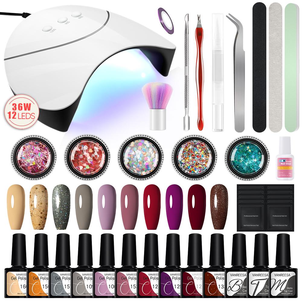 VANREESA Nail Gel Polish Set With 36W Nail Gel Dryer Lamp 10 Colors Long Lasting Gel Varnish Nail Art Tools Kit Nail Decoration