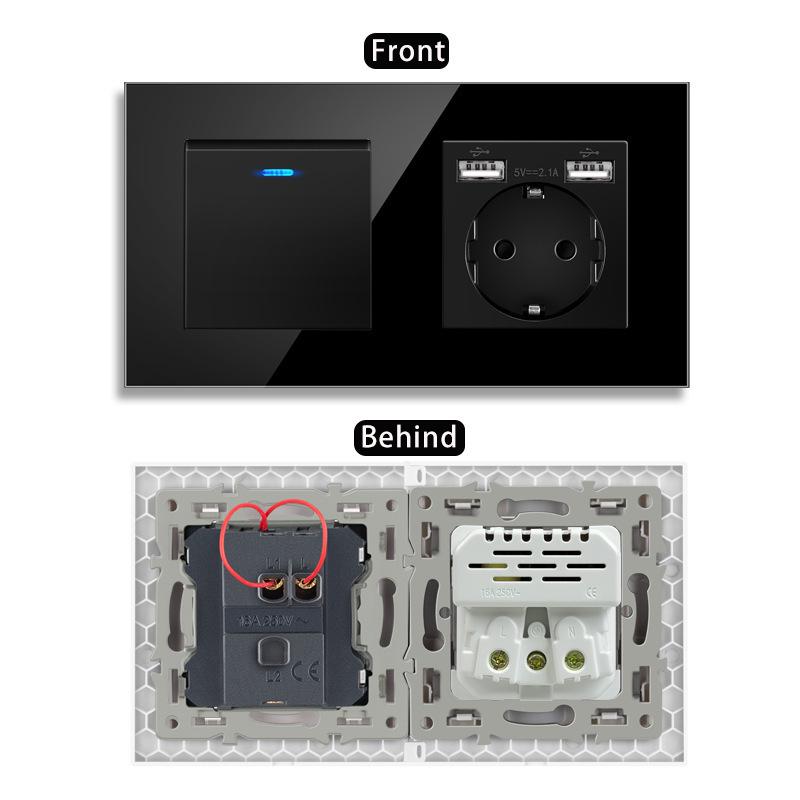 European Style Type 157 16A USB Wall Socket with LED Light, Glass Finish.