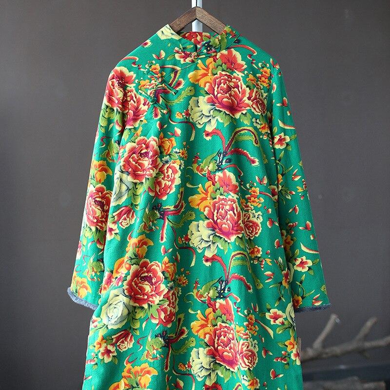 Johnature Women Plush Padded Print Floral Dress Vintage Stand Loose Long Sleeve Dresses Winter Cotton Linen Clothing