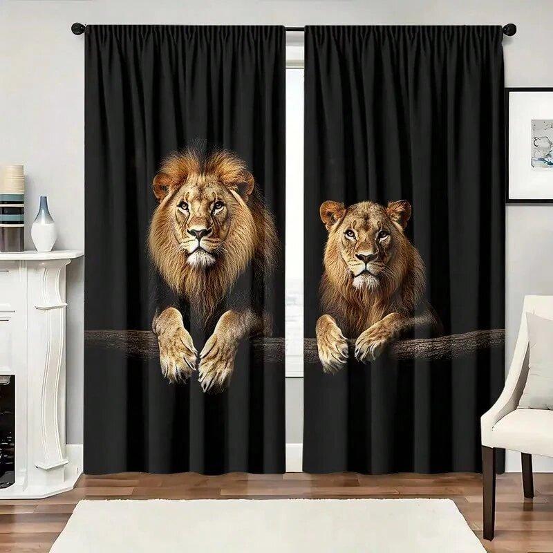 2 Pieces of Pure Lion Print Curtains   Pole Bag Curtains 42*84   Bedroom and Living Room   Home Decoration   Room Decoration