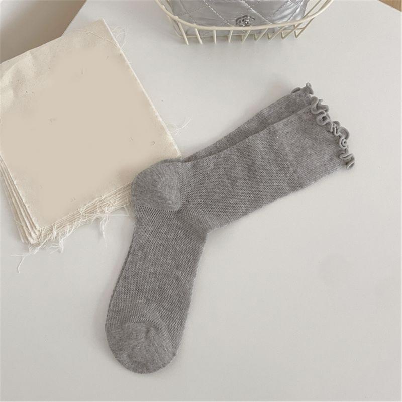 Elegant Hollow Out Breathable Mesh Middle Calf Socks Seamless Cotton Solid Color Ruffle Turn Cuff Crew Socks for Women