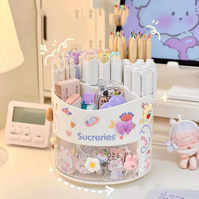 Kawaii Stationery Storage Box Cute Rotating Pen Holder Desktop Drawer Stationery Case School Office Pen Holder Desk Organizer