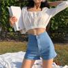 Pantaloncini di jeans elasticizzati a vita alta a trapezio da donna - Estivi 2021, snellenti e alla moda, Hot Pants