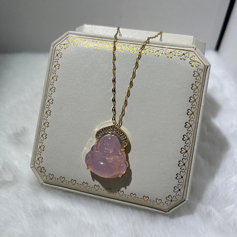New Chinese-Style Pink Chalcedony Maitreya Buddha Pendant Necklace with Rhinestones