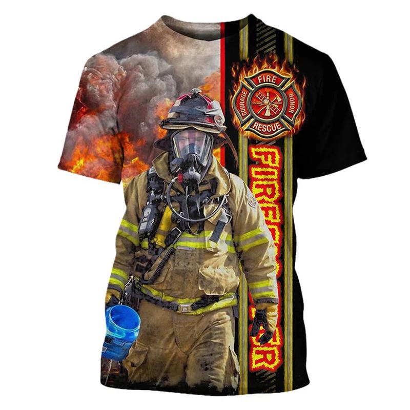 Summer Round Neck 3D Firefighter Print Top Fashionable Casual Short Sleeved Men's T-shirts