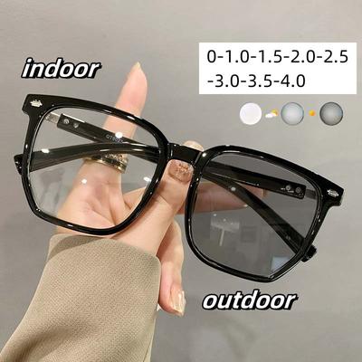 Unisex Women Men's Square Near Sight Eyeglasses Finished Photochromic Sunglasses Diopter 0 To -4.0 Color Changing Myopia Glasses