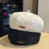 New Corduroy Letter Leather Label Beret for Women Early Autumn Casual Fashion Versatile Painter Hat Temperament Literary Pumpkin