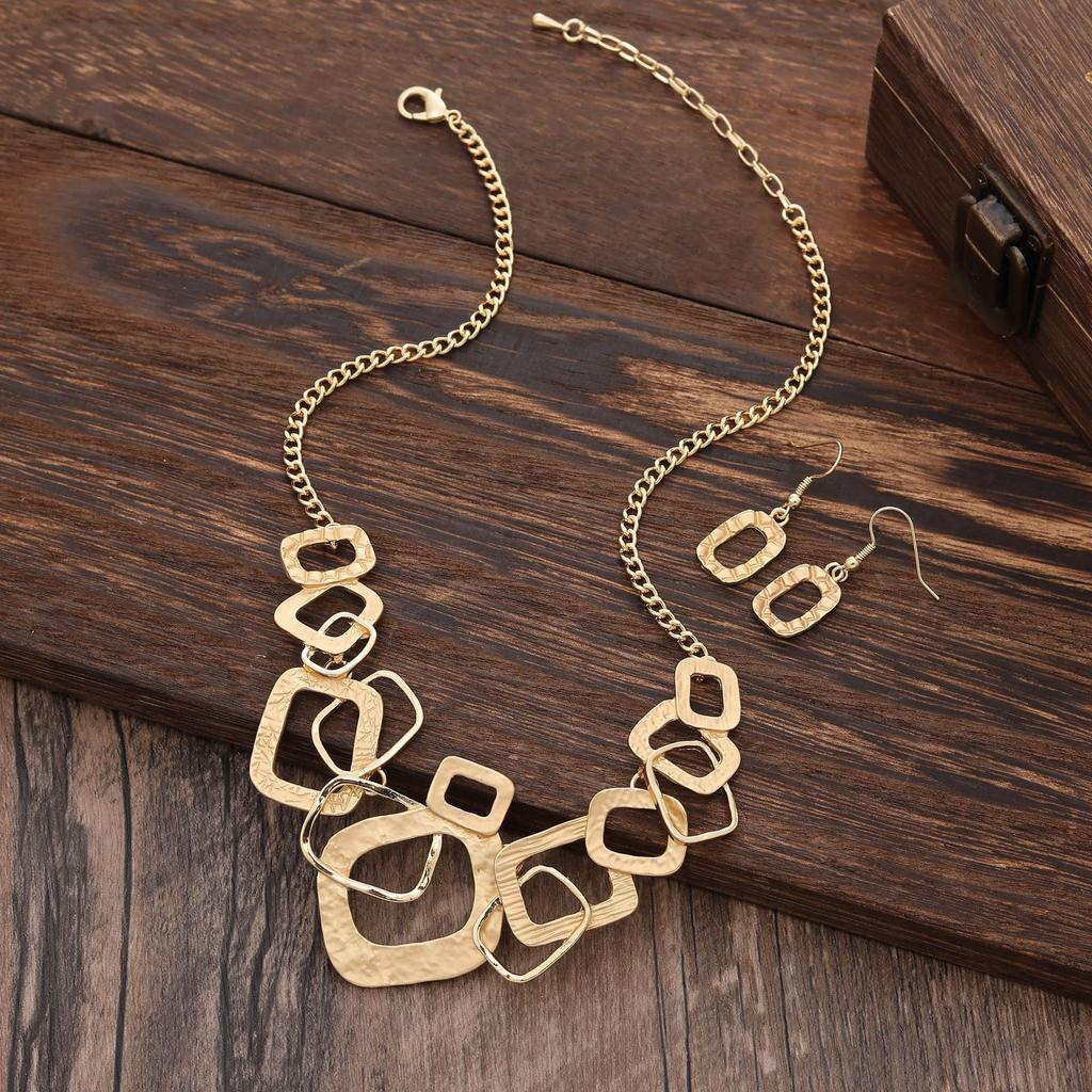 Luxury Hot-selling Color Painting Oil Geometric Hollow Square Stud Earrings Item Set Exaggerated Personality Women's Versatile Necklace