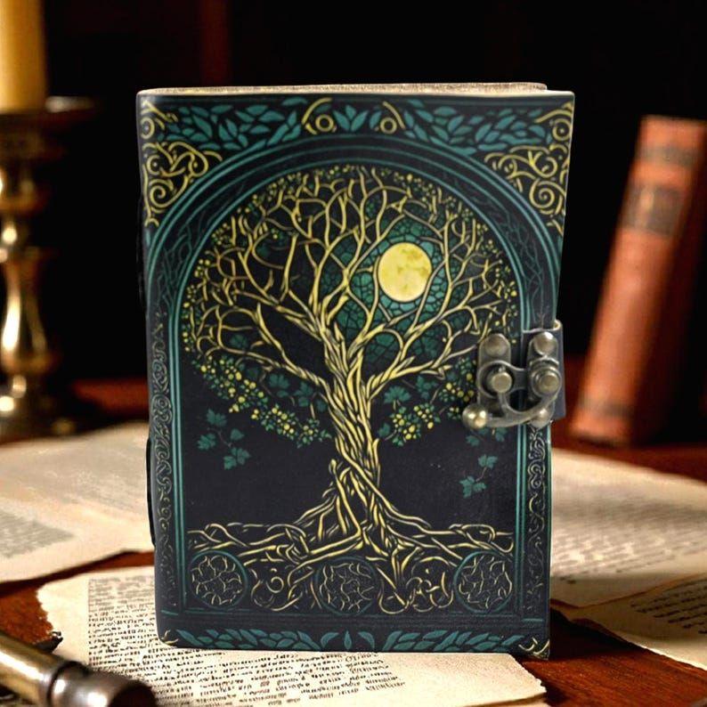 Grimorio Árbol de la Vida – Libro de las Sombras de Cuero con Fases Lunares | Libro de Hechizos de Brujería Hecho a Mano | Diario Celestial para Regalos