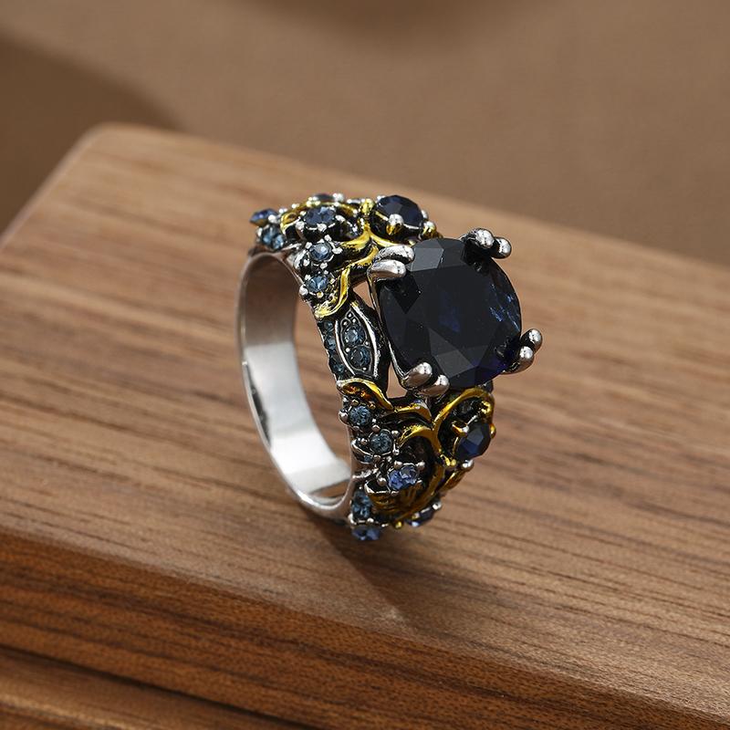 Retro and Trendy Blue Color Inlaid Zircon Leaf Women's Ring, Luxurious and Fashionable Banquet Party Accessories, Jewelry Gifts