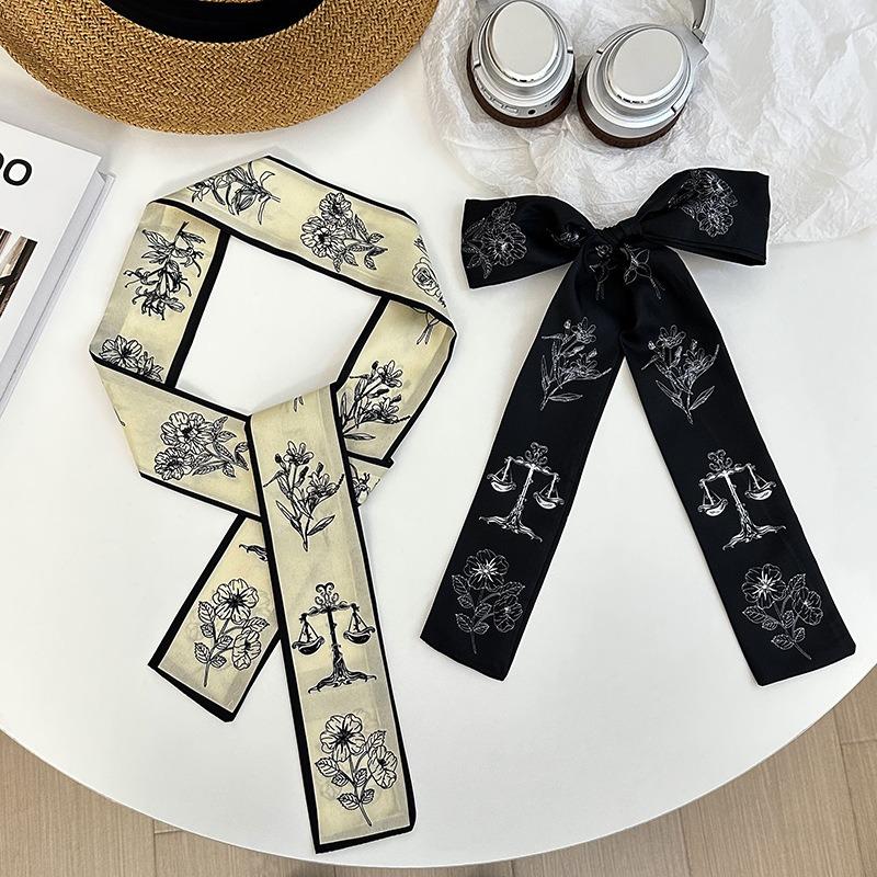silk scarf, long strip, high-end temperament scarf, retro romantic headgear, bow headband, hair tie, streamer, waist silk scarf.