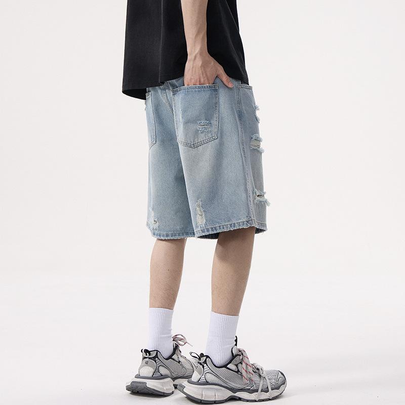 Summer American Casual Old Ripped Denim Shorts Men and Women Straight Loose High Street Five-point Pants