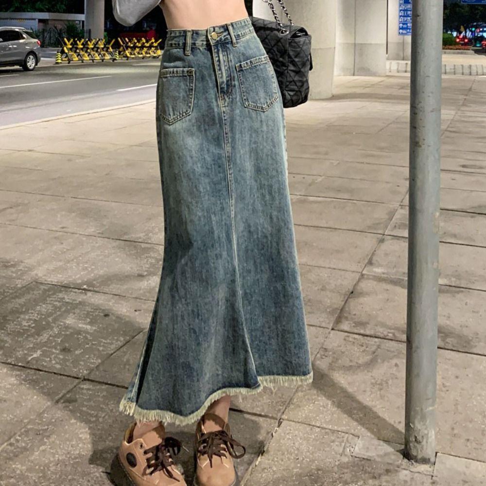 Retro Denim Skirt Women Solid Color A-line Half Dress Fashion Hairy Fishtail Skirt  Girl