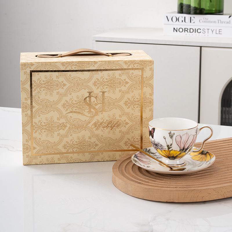 Exquisite Bone China Coffee Cup & Saucer Set - Hand-Painted Blooming Iris Design, Perfect Birthday Gift