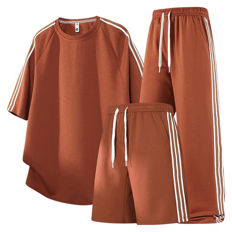 Sports Suit Striped T-shirt Trousers Three-piece Suit For Men Versatile Loose Five-quarter Pants Casual Suit For Men