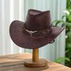 Vintage Faux Leather Cowgirl Hat for Women Men Bull Head Belt Wide Brim Crack Western Caps for Party, Outdoor Activities