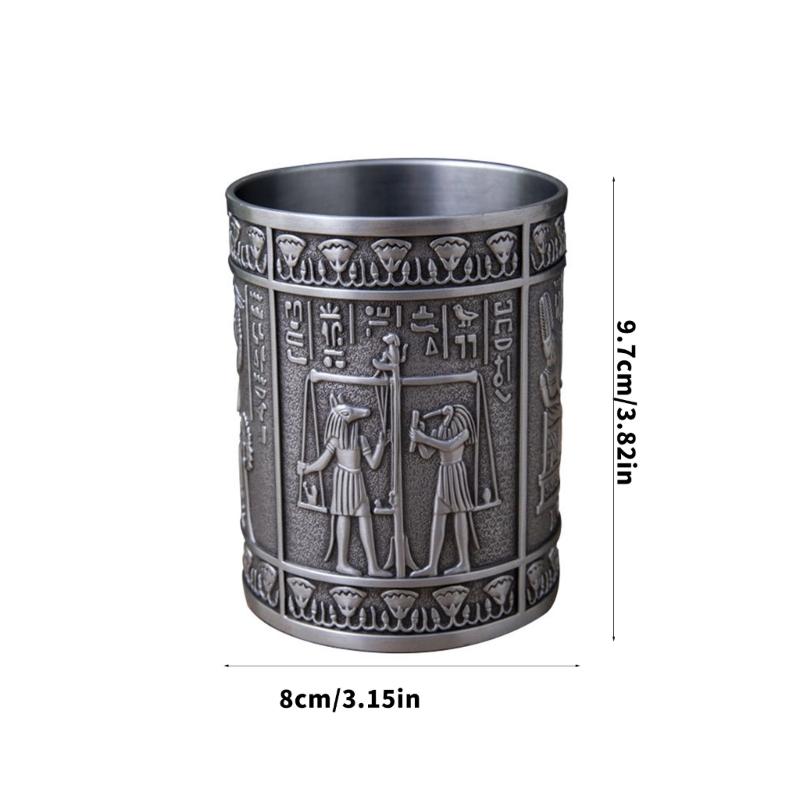 Retro Egyptian Embossed Pen Stand Cylinder Shape Alloy Pen Cup Desktop Organiser Storage Box for Office Desk Decoration