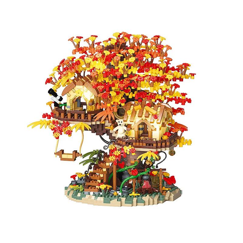 MOC Creative Secret Forest Small Yard Tree House Building Blocks LED Lights Autumn Cabin Desktop Decor Bricks Toys Gift for Kids