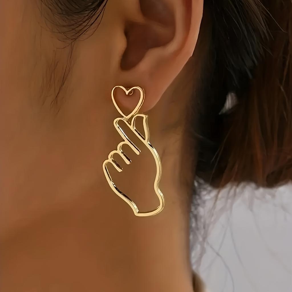 Women's Finger Heart Pendant Earrings - I Love You Gesture Jewelry, Simple Everyday and Valentine's Day Gift,  Elegant Earrings, Sweet Ear
