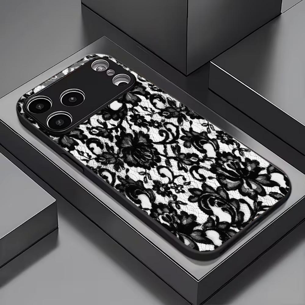 Trendy Black & White Lace phone case mobile phones for iphone 17 pro max cover Glass for iPhone 17 16 15 14 13 12 11pm Pro Plus