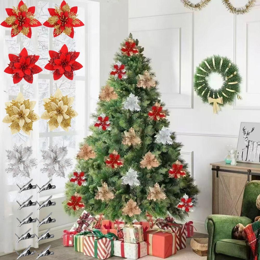 10Pcs with Clips Artificial Flowers for Christmas Tree Christmas Fake Flowers Pendant Home Decor
