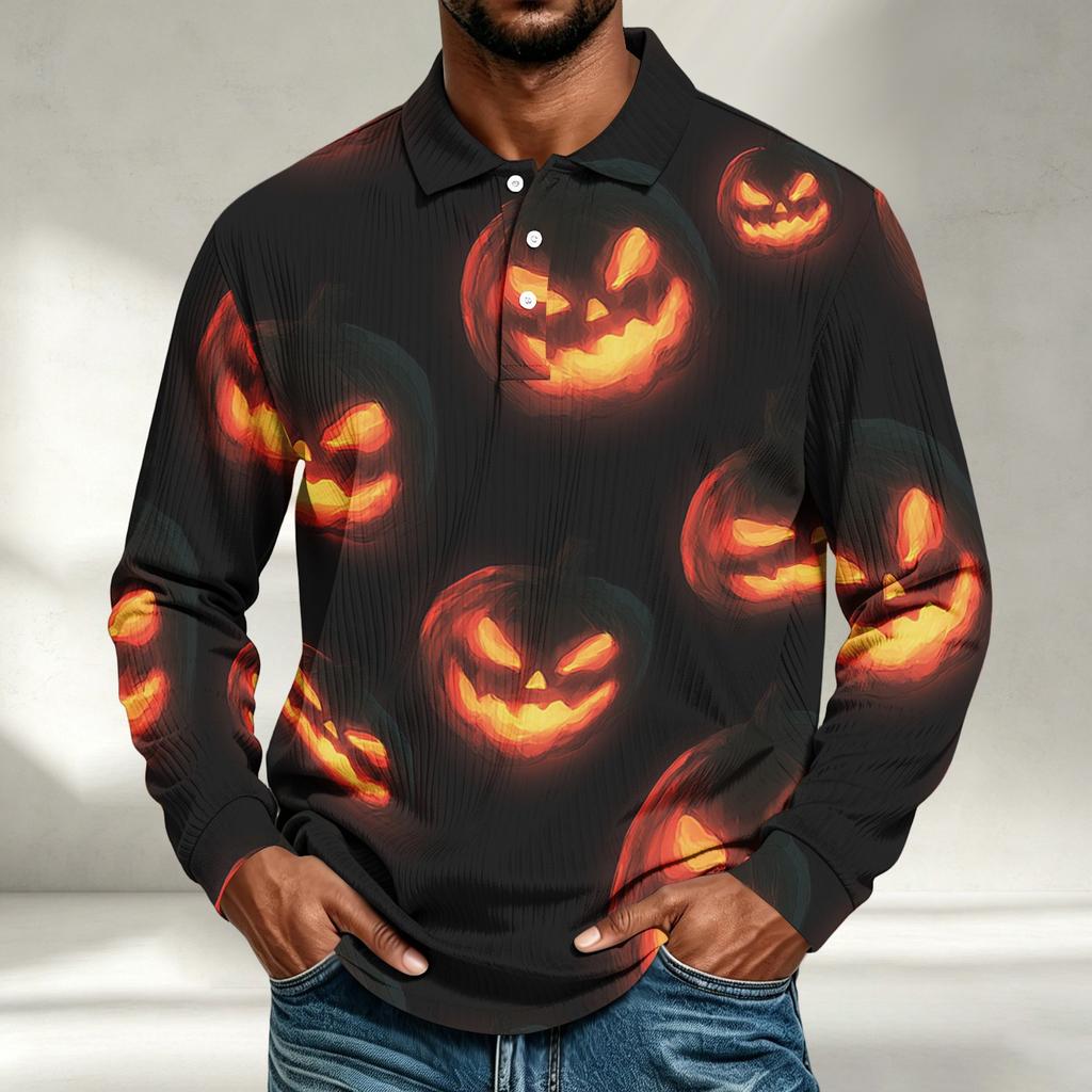Men's Casual Loose Fit Long Sleeve Shirt with Halloween Print