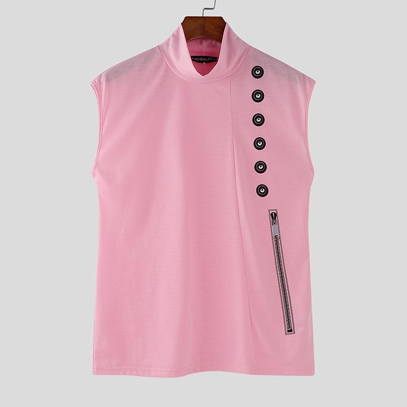 

INCERUN Мужские летние топы с высоким воротом и без рукавов с принтом, свободные, тонкие, повседневные 4XL розовый