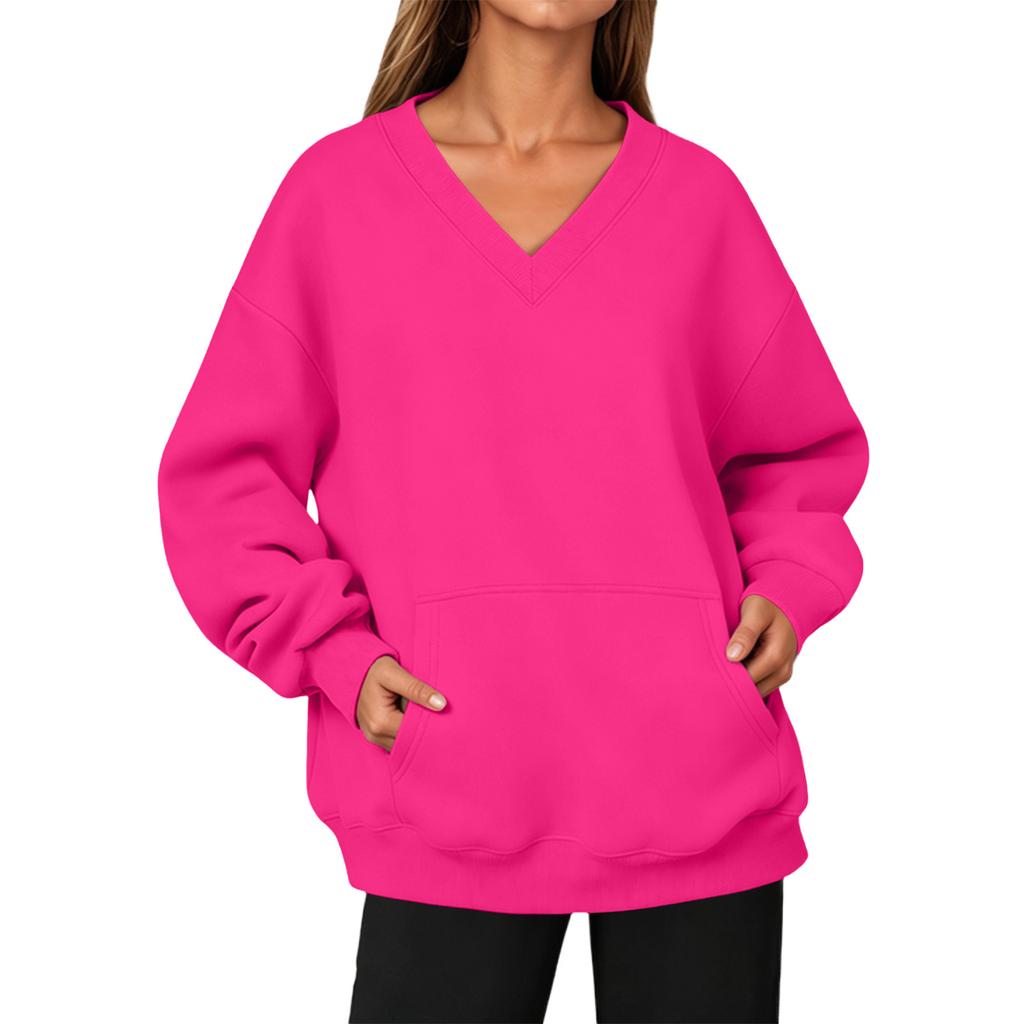 Damen Mode V-Ausschnitt Longline Pullover Sweatshirt mit Tasche für Herbst Winter
