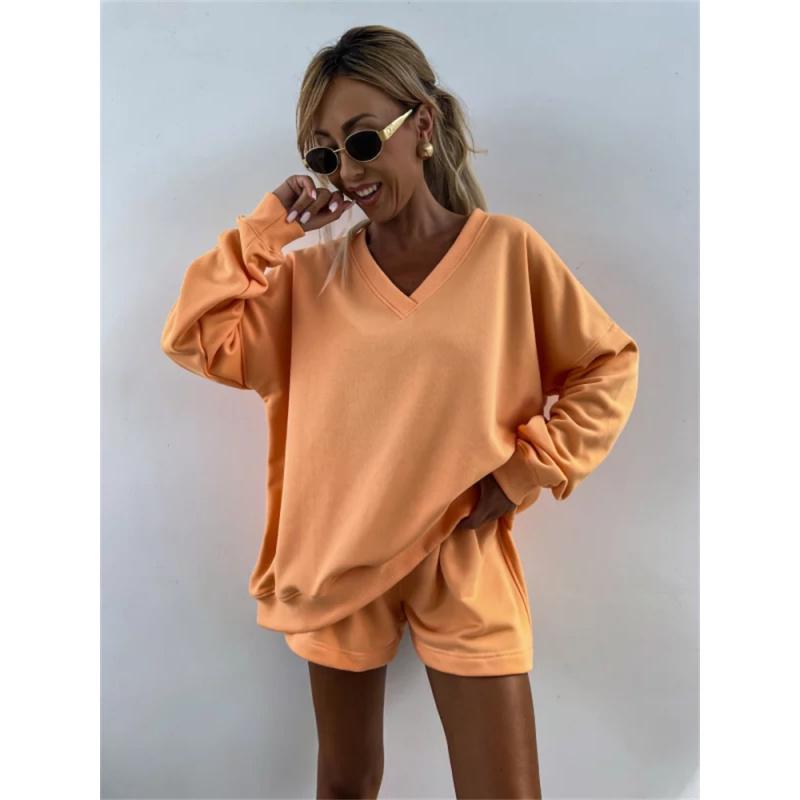 

Spring Summer Women Clothes Casual Striped Suit Long-Sleeved V-Neck Loose Top + Sports Shorts 2-Piece Set For Women XL помаранчевий