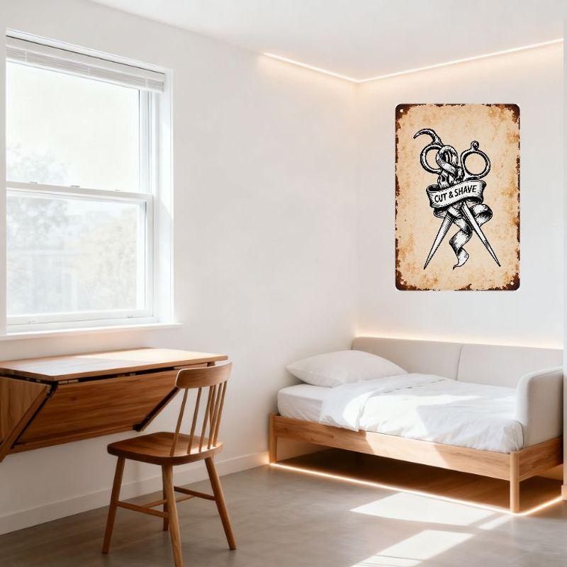 Vintage Barbershop Metal Tin Sign, Beige Weathered Retro Scissors & Shave Ribbon Banner Art Decor for Home Man Cave Cafe Pub