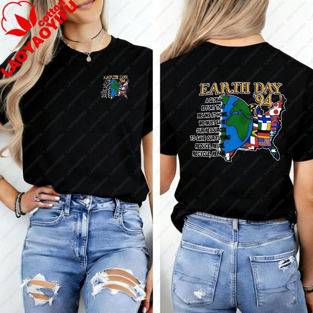 Vintage 1990s 1994 Earth Day Planet Reduce Reuse Recycle World Flag TShirt Unisex Clothing Harajuku Vintage High Quality Cotton
