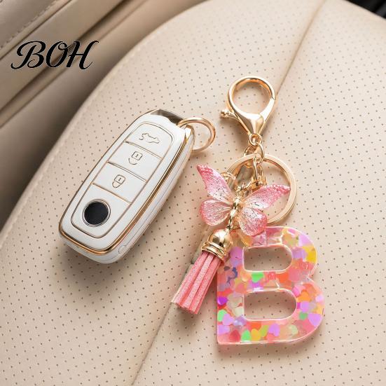 Compact Keychain Pink Series Pendant, Sequins Heart Initial Letter Charm Key Chain with Durable Butterfly Tassel Design, A-Z Holder for Bag
