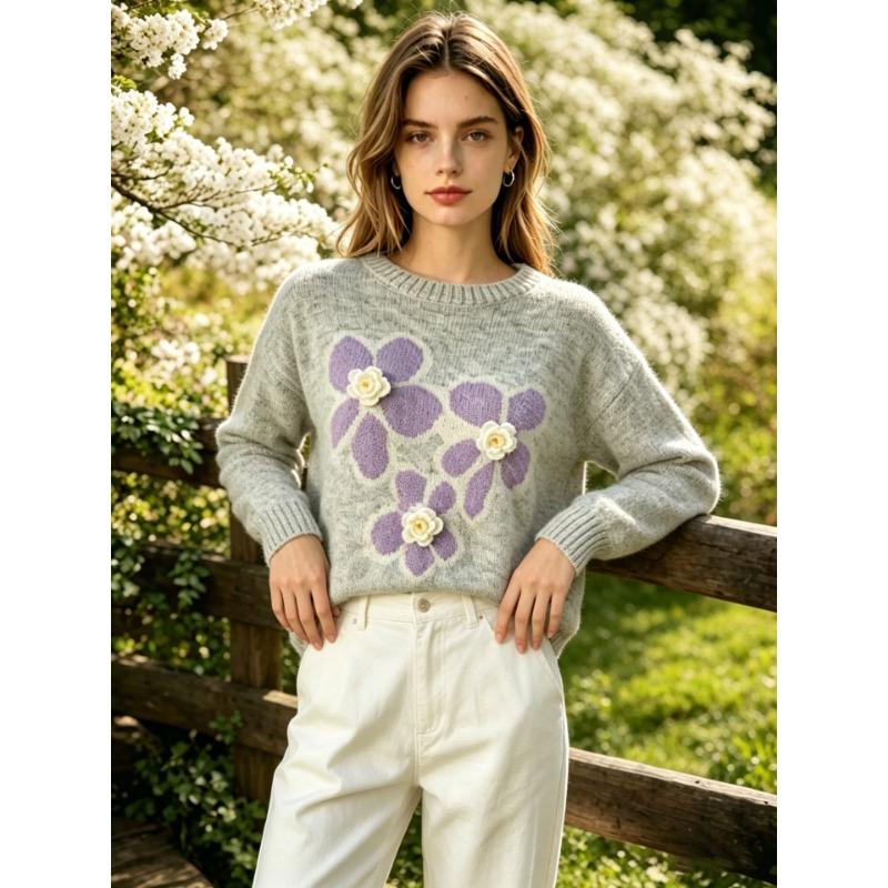 Korean Style Age Reducing Floral Knit Sweater Loose Round Neck Long Sleeve Women S Winter Outerwear
