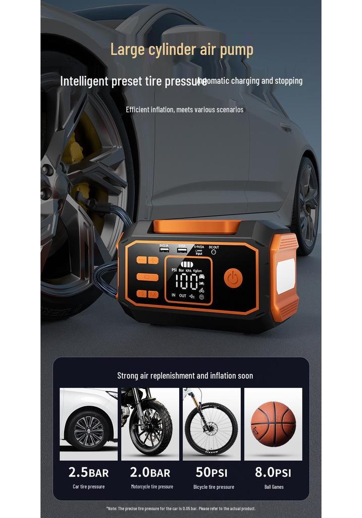 Portable Car Jump Starter with Integrated Lithium Battery and Tire Inflator