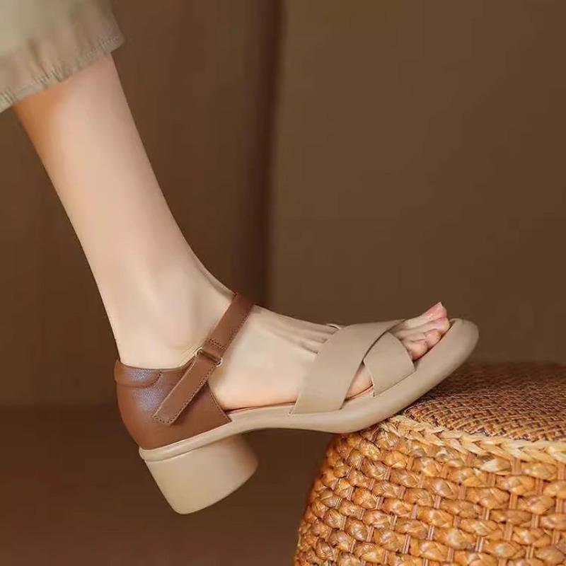 

Real soft leather thick-soled cross-strapped open-toed sandals women s summer thick heel color matching one-word buckle strap middle heel shoes 40 абрикосовый