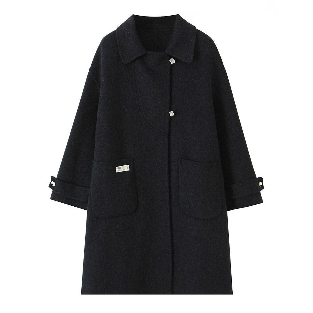 Mid-Length Wool-Cashmere Coat with Doll Collar & Petal Buttons, Double-Faced, Chic Autumn/Winter Style, Youthful Look.