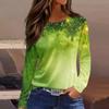 Women's Fashion Casual Slit Hem Round Neck Long Sleeve Loose Printed T-Shirt Ladies Top Christmas