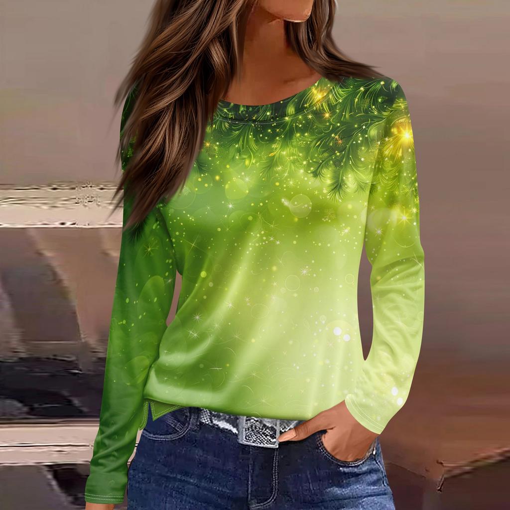 Women's Fashion Casual Slit Hem Round Neck Long Sleeve Loose Printed T-Shirt Ladies Top Christmas