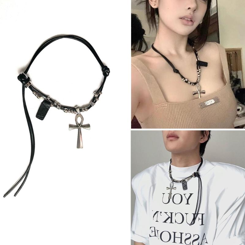 Lederseil Titanstahl Halskette Kreuz Anhänger Choker Kette Lange Pulloverkette Partner Schmuck Ornament Damen Mädchen