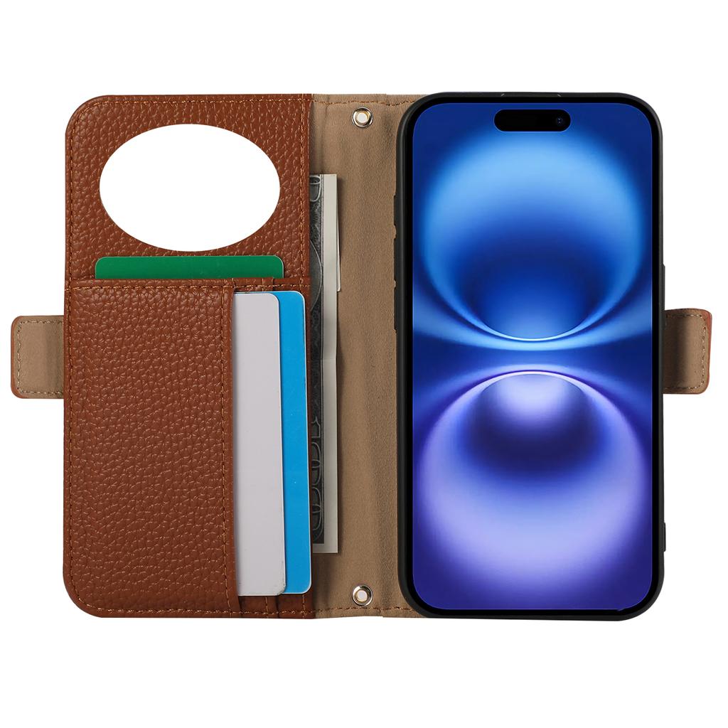 For iPhone 16 Wallet Phone Case Shockproof TPU+PU Leather Flip Cover with Mirror, Strap - Brown