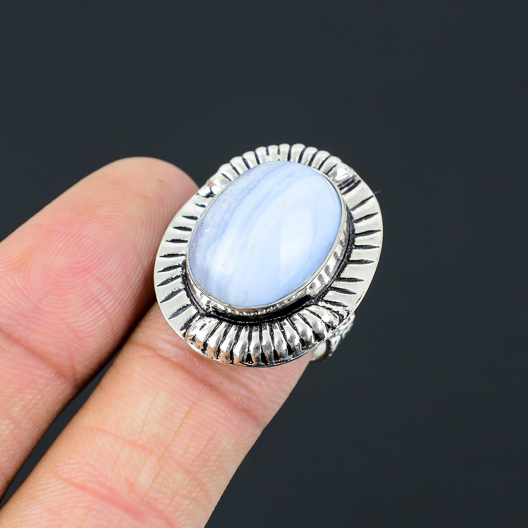 

Oval Natural Blue Lace Agate Promise Engagement Unique New Ring 925 Silver US 8 8