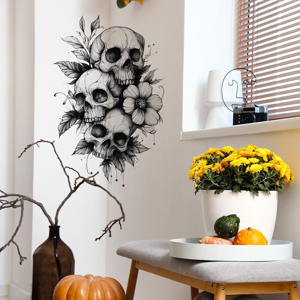 Black And Halloween White Skull And Flower Home Decoration Stickers Wall