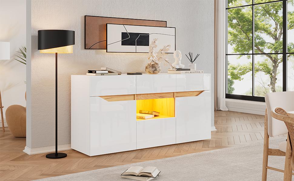 140*40*70cm Wohnzimmer Sideboard mit 4 Schubladen, Schrank mit zwei Fächern, Hochglanz Sofa Beistellschrank mit LED-Beleuchtung, Weiß + Holzfarbe