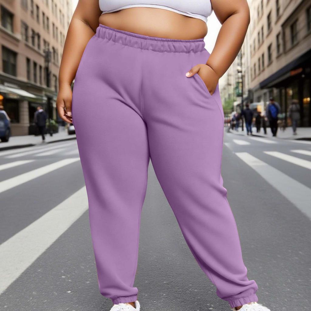 Damenmode Übergröße Einfarbige Hose mit elastischem Bund, Umschlagbeinen und Seitentaschen