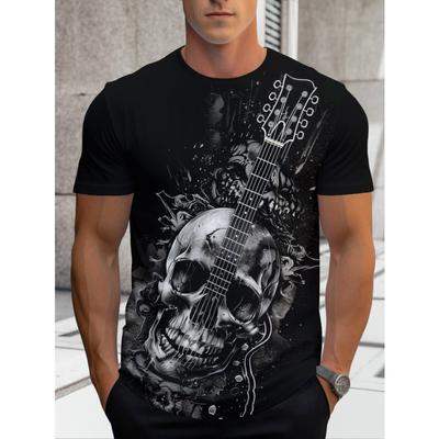 Men's Fashion Short Sleeve Men's Tops Men's Skull Guitar Pattern Icon Print Round Neck T-Shirt Men's Quick-Drying T-Shirt