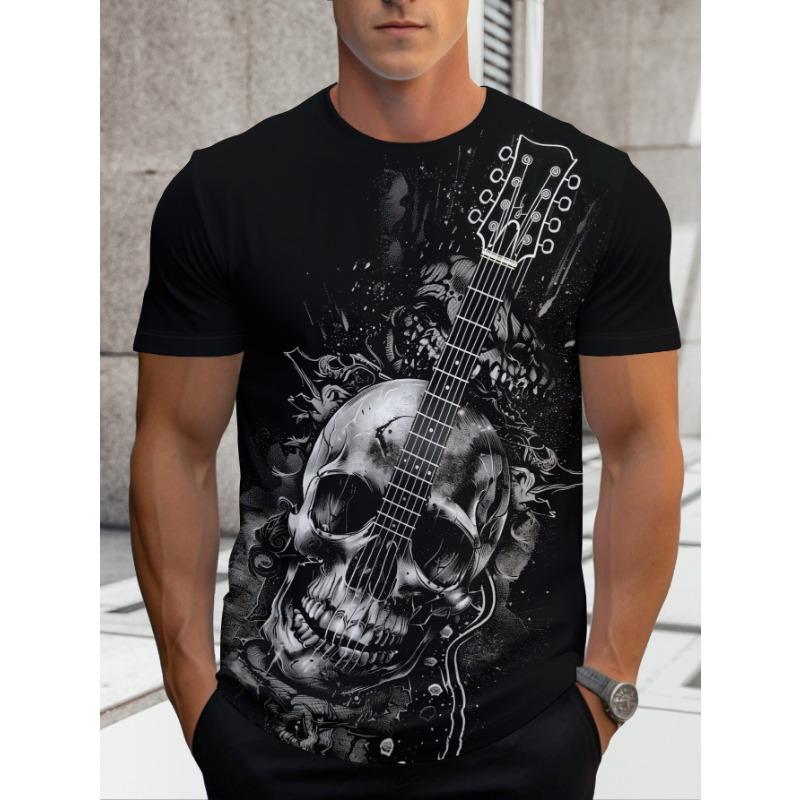 Men's Fashion Short Sleeve Men's Tops Men's Skull Guitar Pattern Icon Print Round Neck T-Shirt Men's Quick-Drying T-Shirt