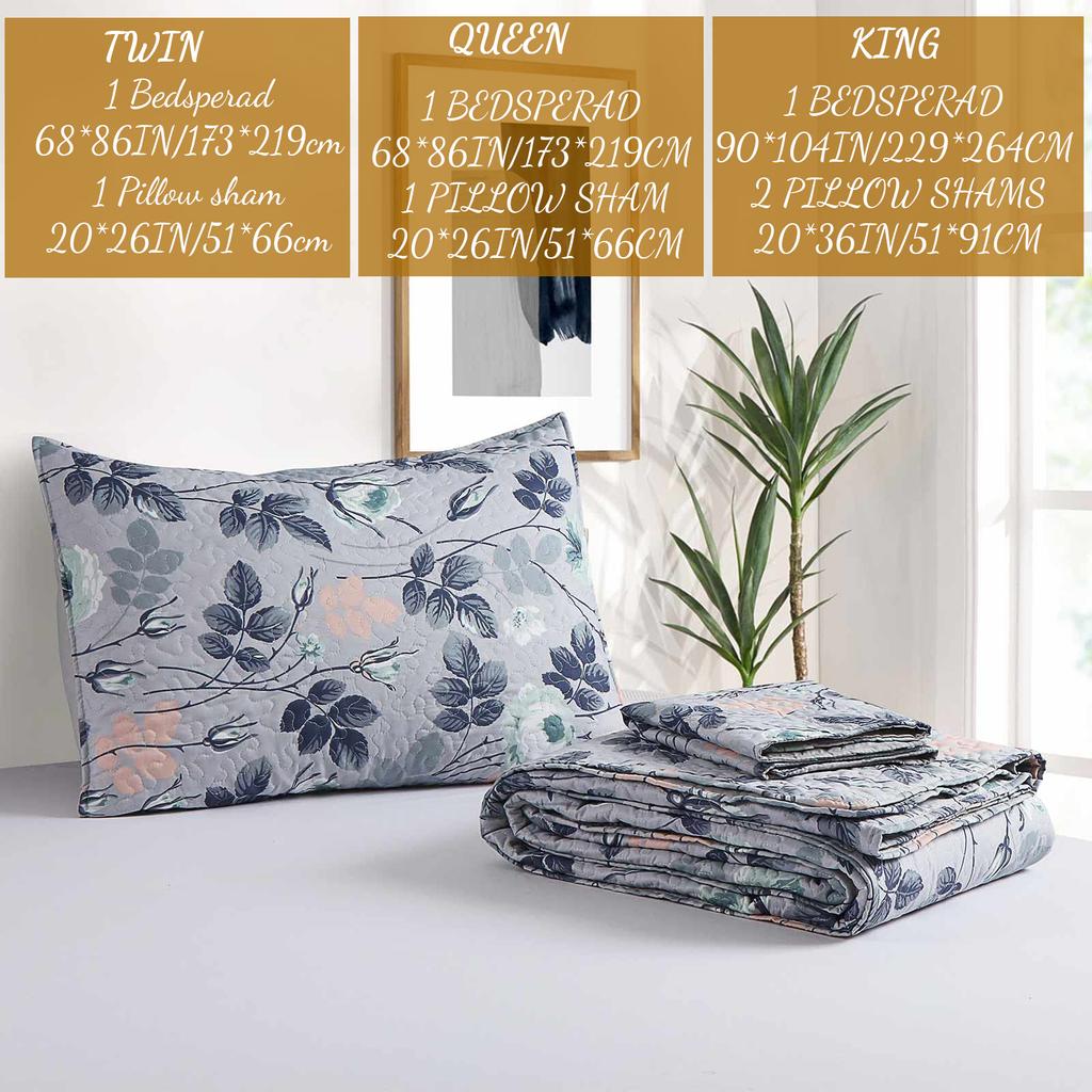 Texstead 3 Pieces Patchwork Gray All Season Bedspreads, Ultra Soft Floral Coverlet Bedding Set with Printed Pattern