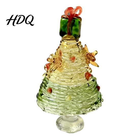 Small Christmas Ornament for Desk Glazed Tree Figurine Colorful Miniature Xmas Decor Handcrafted Glass Craft Display Table Centerpiece Home