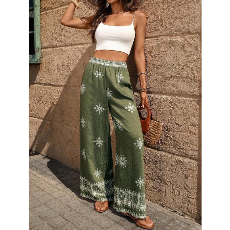 Women S High Waisted Printed Wide Leg Pants Loose Casual Long Trousers Beach Vacation Style